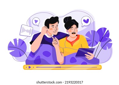 Couple listening podcast show Illustration concept on white background