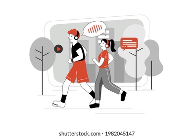 Couple listening to podcasts while jogging in the park.