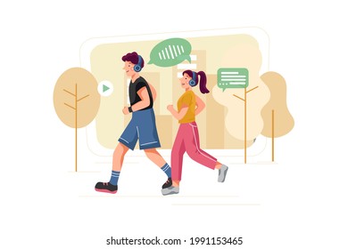 Couple listening to podcasts while jogging in the park Illustration concept. Flat illustration isolated on white background.