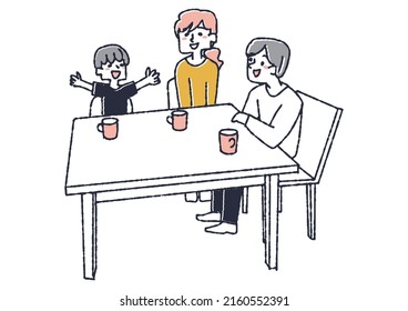 A couple listening to their son's joyful story, a warm parent who supports their children, a comical handwritten person