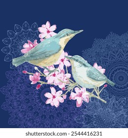 couple of little birds perching on blooming branch with pink flowers against dark blue background with round ornament arabesques. vector watercolor painting card 