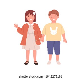 Couple of little boy and girl. Portrait of happy children standing together. Cute smiling kids. Colored flat vector illustration of preschoolers isolated on white background