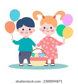 couple of little kids carrying eggs and colorful balloons, illustration of aester day celebration.