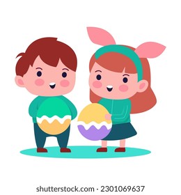 couple of little kids carrying eggs and colorful balloons, illustration of aester day celebration.