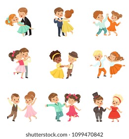 Couple Of Little Kids Dancing Set, Modern And Classical Dance Performed By Children Vector Illustrations Isolated On A White Background.