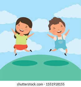 couple of little kids in the field vector illustration design