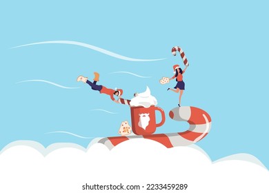 A couple of little people have fun and celebrate the new year.Merry Christmas, winter scene with a big mug of cocoa and little people. Sledging.