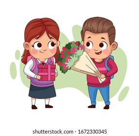 couple of little students kids with flowers bouquet vector illustration design