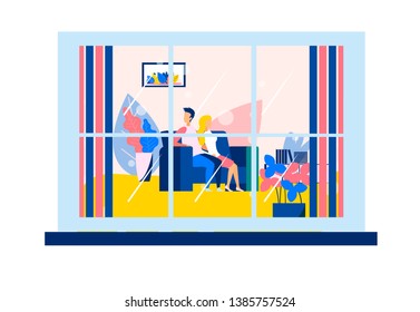 Couple in Living Room Sitting on Sofa View from Window from Outdoors Flat Cartoon Lifestyle Vector Illustration Relationships between Man and Woman Rest and Relaxation for Two Evening Recreation