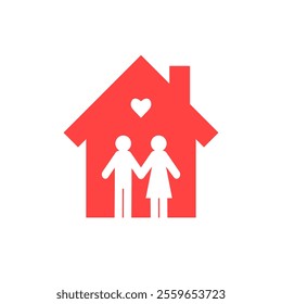 Couple living together in their home. House icon in red with couple silhouette holding hands, heart shape as love symbol. Vector illustration isolated on white background.