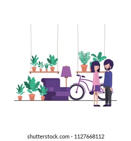 couple in the livingroom with houseplants and bicycle