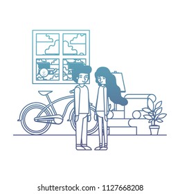couple in the livingroom with houseplants and bicycle