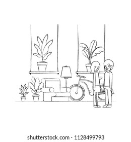 couple in the livingroom with houseplants and bicycle