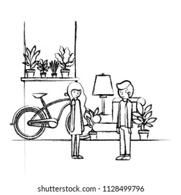 couple in the livingroom with houseplants and bicycle
