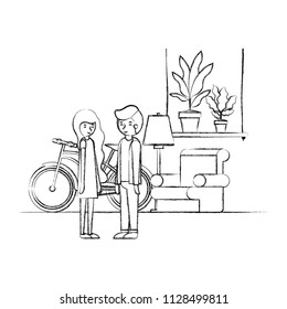 couple in the livingroom with houseplants and bicycle