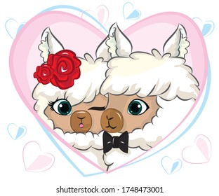 couple llamas for wedding invitation. Cute alpaca. Bride and bridegroom with heart.