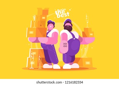 Couple loaders movers team with cardboard boxes. Two men in uniform. Moving and delivery company concept. Flat. Vector illustration.