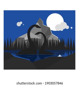 Un par de monstruos de Loch ness en un lago en una noche de luna llena. Ilustración de estilo plano. 