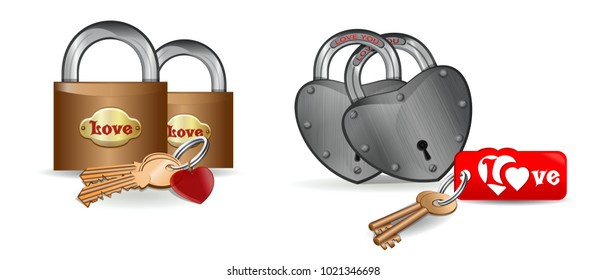 Couple of locks for lovers. Icon set - heart and lock. Heart shaped lock. Realistic vector illustration isolated on white background
