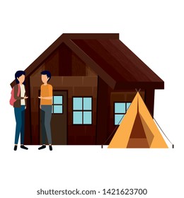 Couple With Log Cabin With Tent