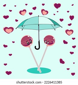 A couple of lollipops under umbrella and rain hearts vector illustration 