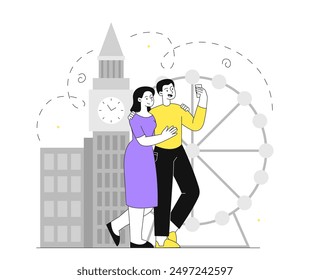 Couple in London. Man and woman photographed against backdrop of Big Ben and Ferris wheel. Tourists and travelers in united kingdom and England. British landmarks. Linear vector illustration