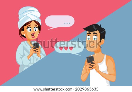 Couple in Long Distance Relationship Text Messaging Vector Cartoon. Funny girlfriend and boyfriend flirting and texting each other

