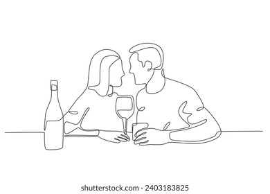 A couple looked at each other at dinner. Candle light dinner one-line drawing