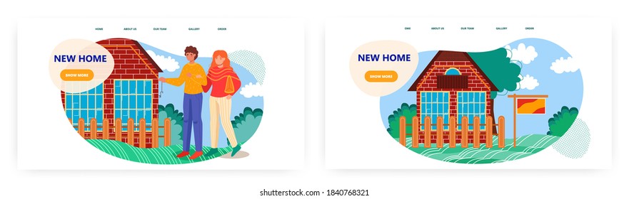 Couple looking around their new house. Real estate and property rent vector concept illustration. Home fo sale. Web site design template for real estate agency