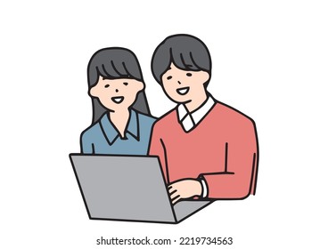 A couple looking at a computer and considering something