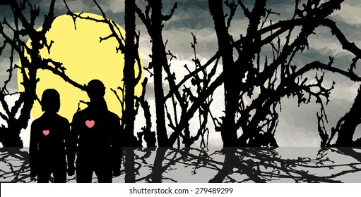 Couple looking in dark forest. Full moon in dark sky.