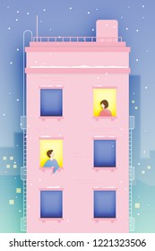 Couple looking each other from window of building in love with paper art and pastel color scheme