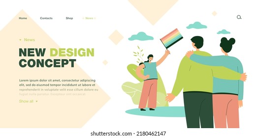 Couple looking at girl with LGBT flag flat vector illustration. Woman or activist defending interests of homosexual. Nontraditional relationship concept for banner, website design or landing web page