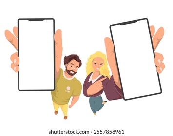 Couple looking and holding raised smartphone up