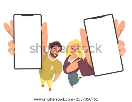 Couple looking and holding raised smartphone up