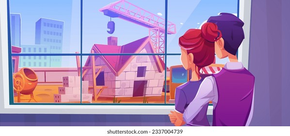 Couple looking at house construction site through window. Vector cartoon illustration of man and woman hugging in room at home, watching crane machine building brick cottage, cement mixer, cityscape