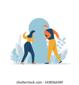 Couple looking into keyhole with curiosity. Problem solving, opportunity, concept. Cartoon characters discovery secret. Man and woman searching sense, freedom, future journey.