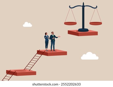 Pareja mirando la escala de justicia. Equilibrio y justicia. Principios y ética empresarial para hacer las cosas bien. Ilustración vectorial plana. 