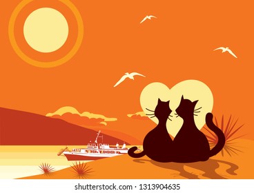 Couple looking kittens in an embrace on the sea order. Heart is orange.