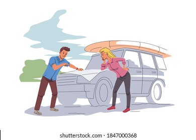 Pareja mirando el mapa cerca del auto. Hombre y mujer viajando para caminar por las montañas, parados juntos, un hombre que muestra y señala el mapa. Escena romántica al aire libre de turistas en vectores de día soleado.