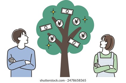 A couple looking up at a money tree