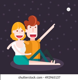 Couple Looking at the Night Sky. Isolated Flat Vector Illustration.