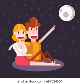 Couple Looking at the Night Sky. Isolated Flat Vector Illustration