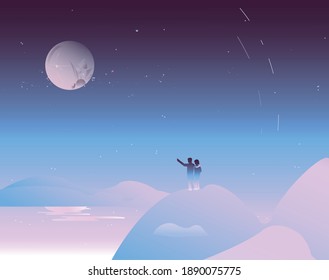 A couple looking at the night sky and the stars.