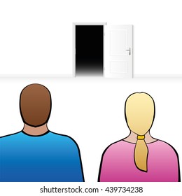 Couple looking at an open door, as a symbol for expectation, anticipation, anxiety about the future or other surprises in partnership.