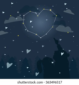 Couple Looking At The Sky On Stars. Heart Shape. Vector Illustration