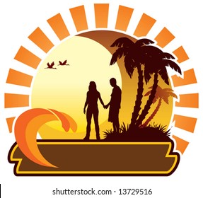 Couple looking at the sunset, summer icon
