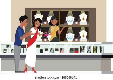 A couple is looking for their engagement ring at a counter. One sales person is standing behind the counter. Jewelry, store, mall. Vector Flat illustration