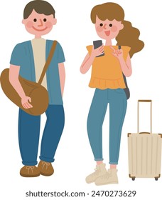 Couple looking at their phones while traveling