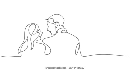 casal olhando juntos apreciando namoro romantismo uma linha contínua rara vista. casal dia fora férias romântico amor conceito handdraw minimalismo copiar espaço